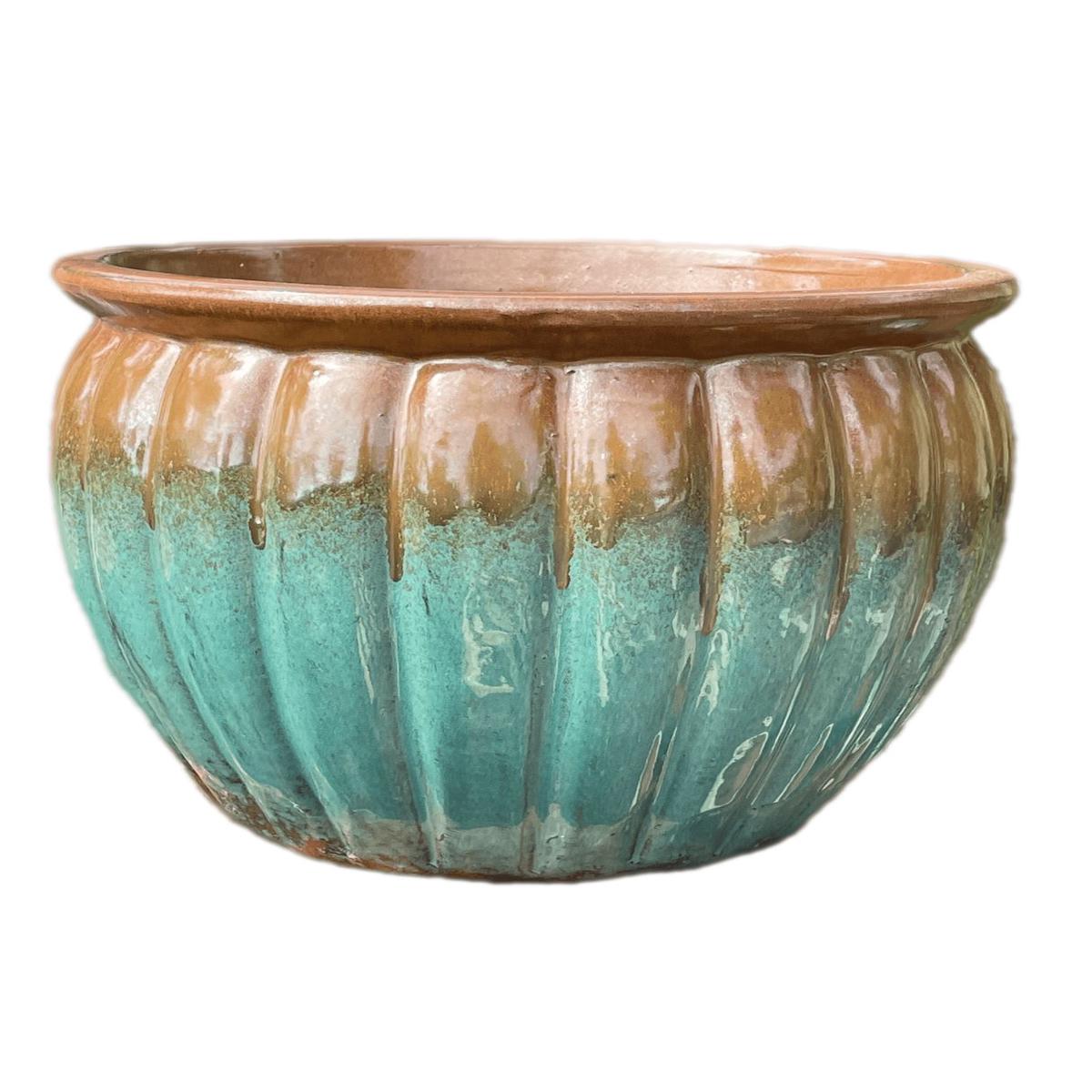 281M28 - Flared Rim Striped Ceramic Pot - 12" x 12" x 10" / Iron Rust/Marble Green