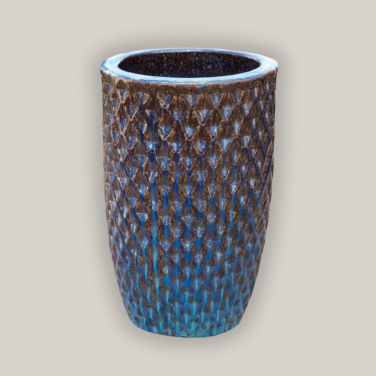 9785C1 - Blue Tall Ceramic Waffle Planter - 18" x 18" x 26" / Blue