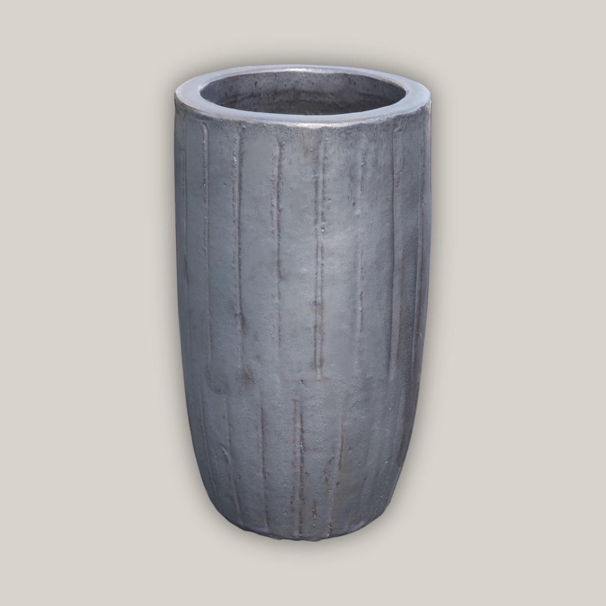 8423N14 - Matte Black Vertical Lines Round Ceramic Planter - 13" x 13" x 22" / Matte Black