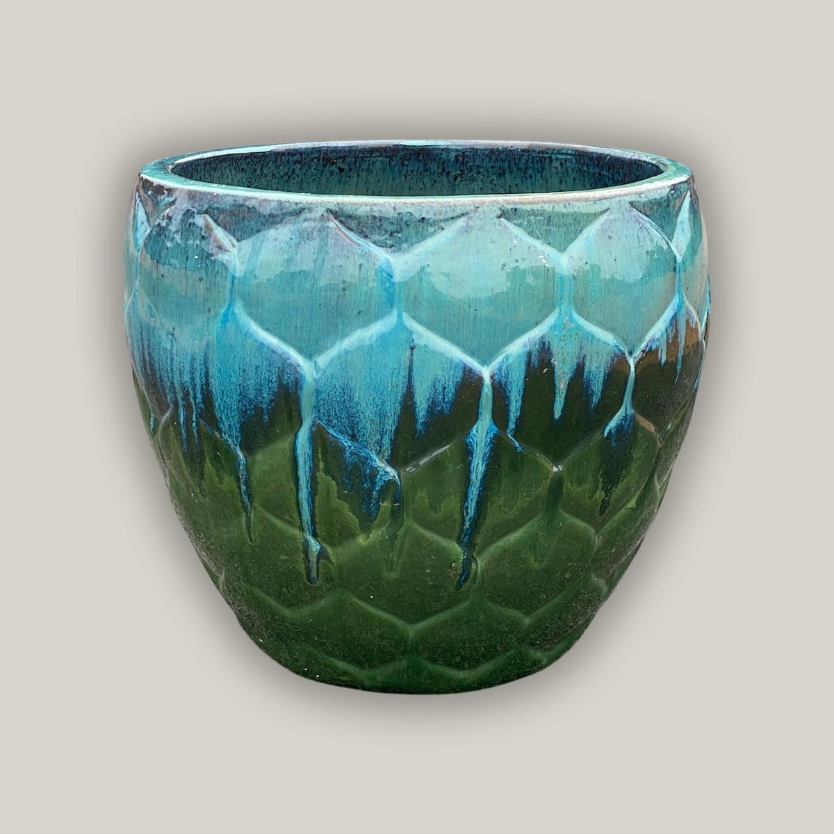 9989P53 - Aqua/Apple Green Round Artichoke Ceramic Planter - 15" x 15" x 12" | Aqua/Apple Green