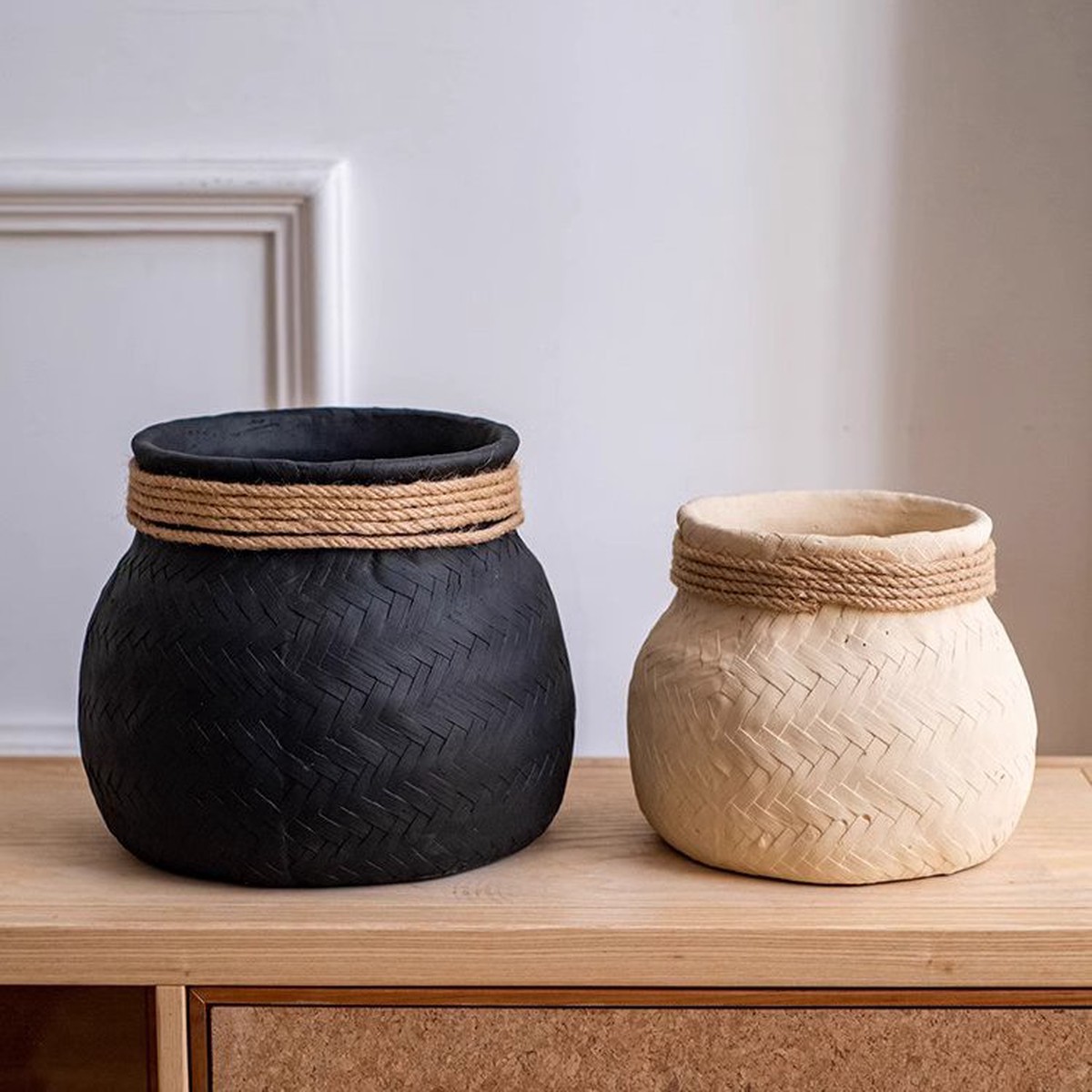 Woven Cement Planter With Rope Accent WhiteSmall