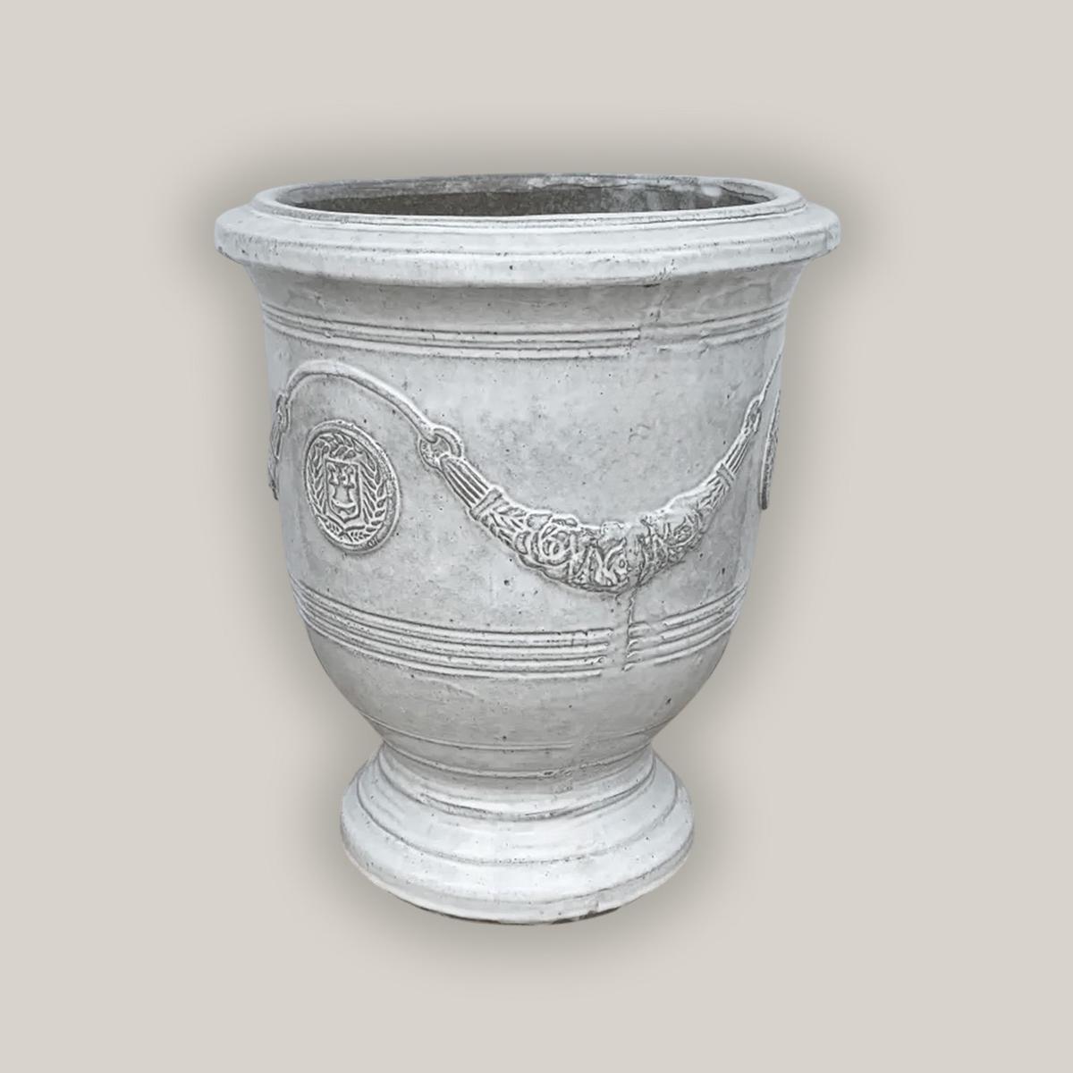 3017L99 - Medallion Ceramic Urn Planter - 14" x 14" x 17" / White