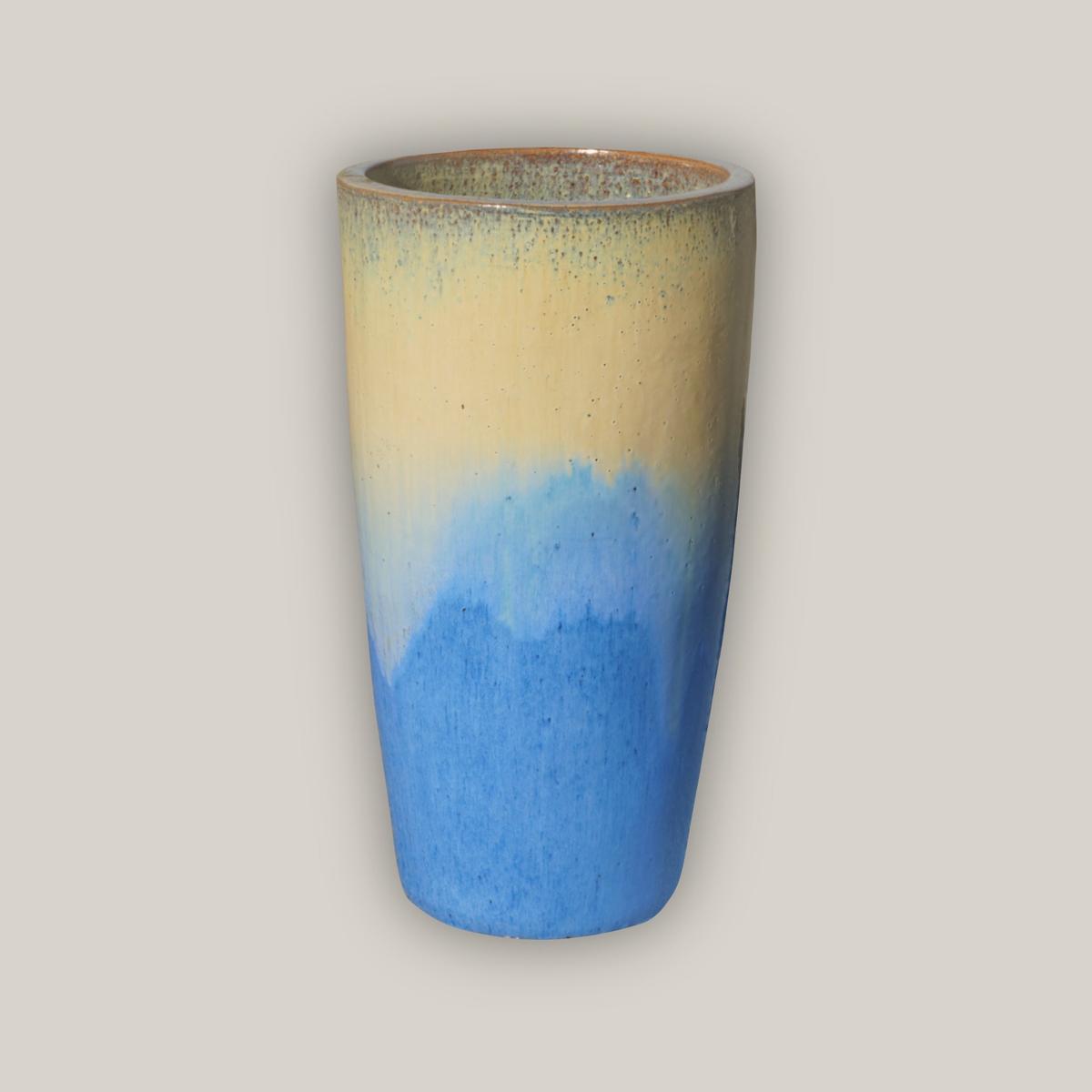 8464N52 - Cream/Blue Slim Round Ceramic Planter - 20" x 20" x 36" | Cream/Blue