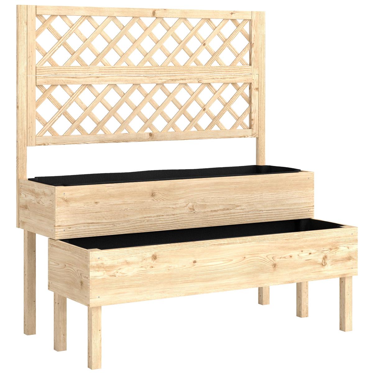 2 Tier Wooden Raised Garden Bed with Trellis for Easy Planting and Climbing Support, Natural Wood Finish