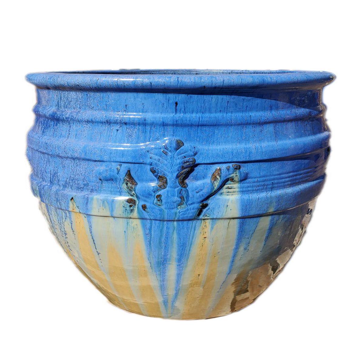 9869P98 - Blue/Burnt Cream Lined Fleur de Lis Ceramic Planter - 24" x 24" x 31"