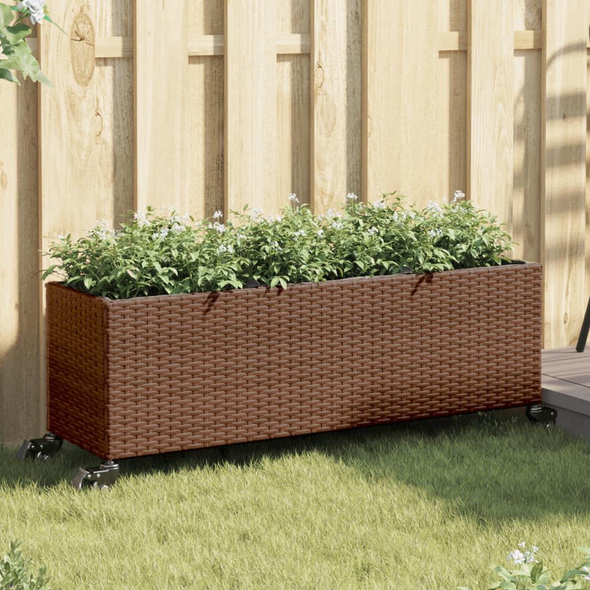 vidaXL Garden Planter with Wheels and 3 Pots Brown 107x32x38 cm Poly Rattan