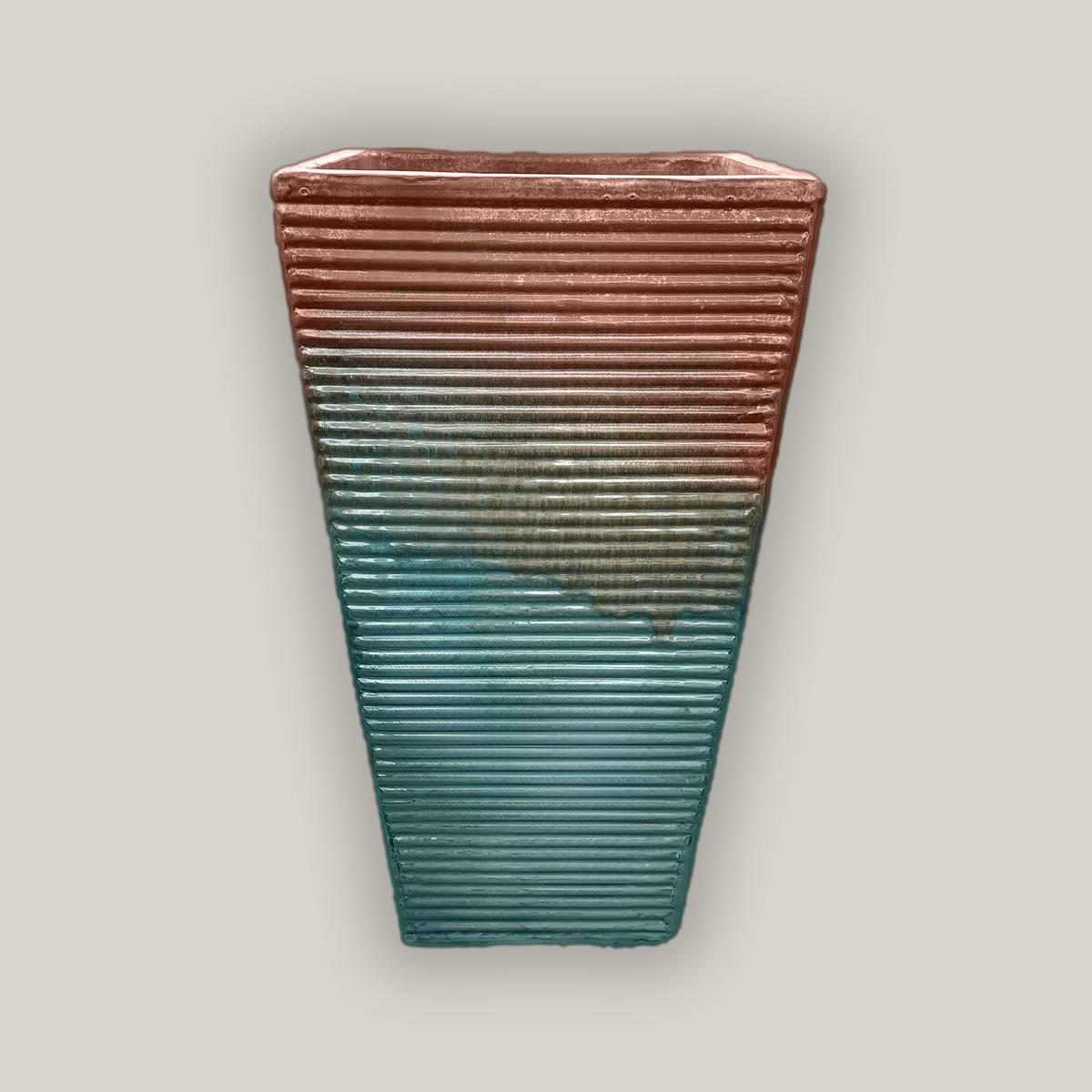 297M38 - Iron Rust/Copper Chun Horizontal Line Ceramic Square Planter - 17" x 17" x 31"