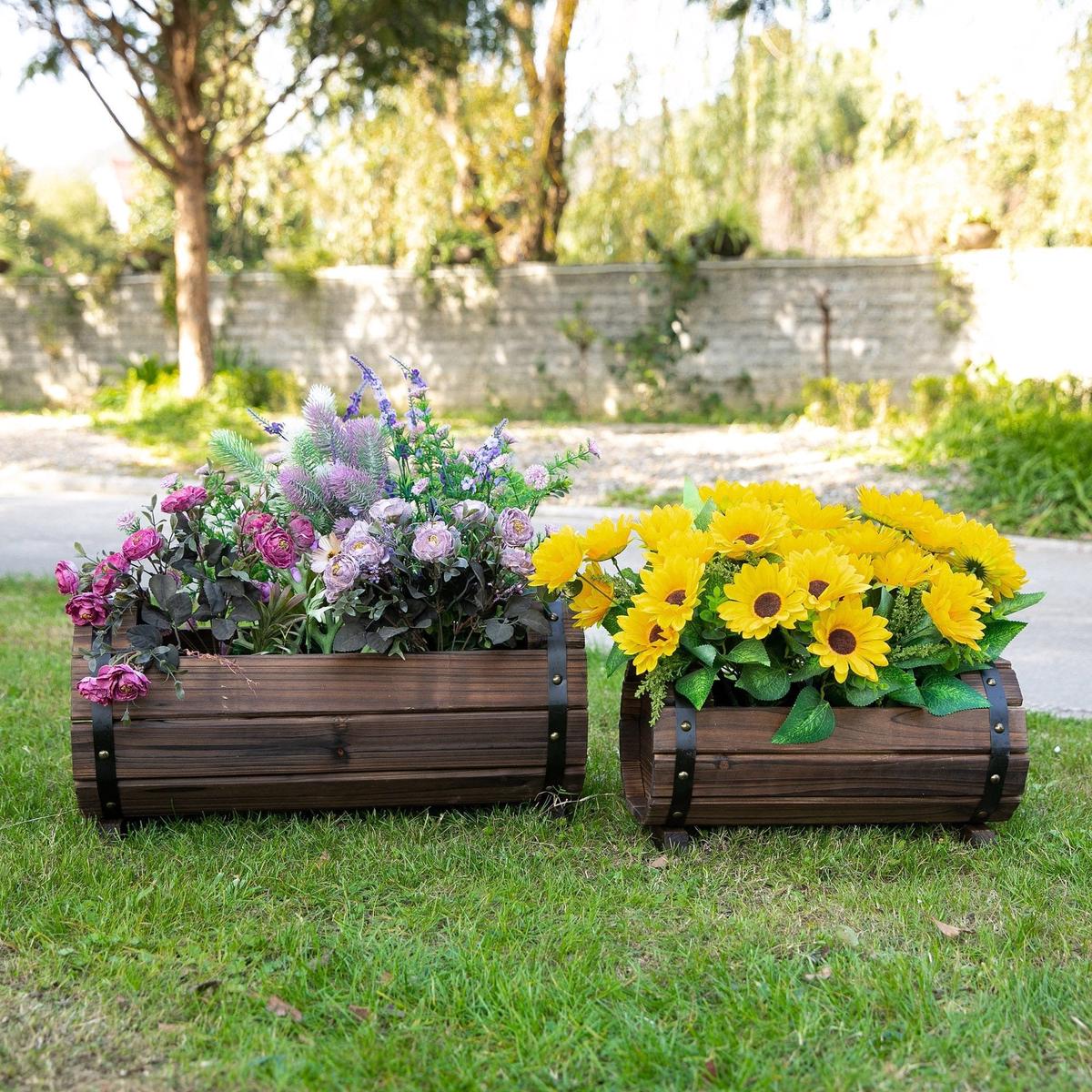 2pc Wooden Barrel Planter