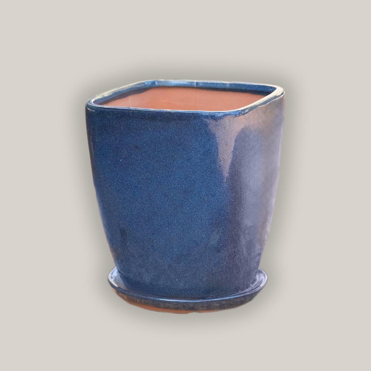 3052L15 - Dark Blue Tapered Square Planter with Saucer - 9" x 9" x 11"