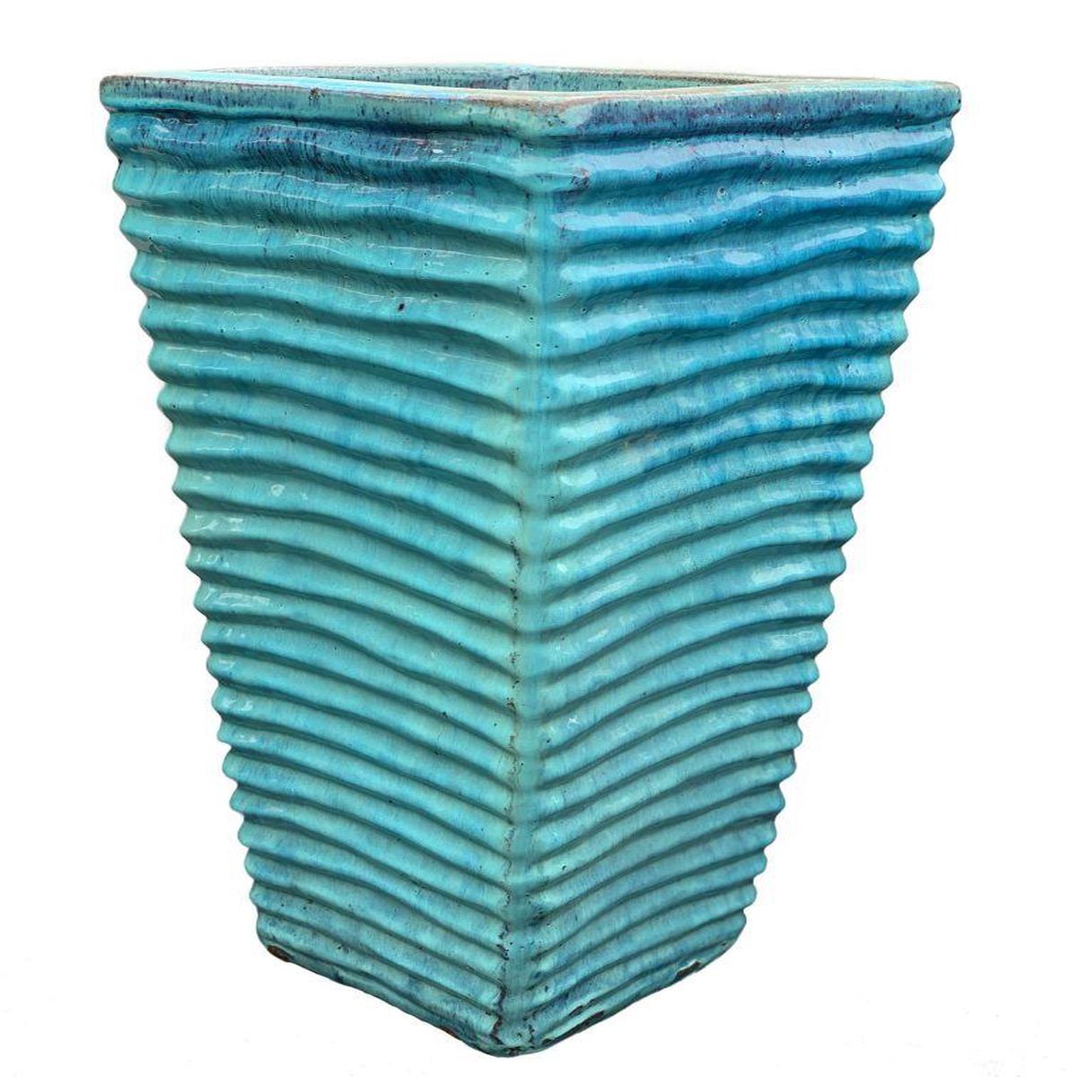 9755C3A - Aqua Ceramic Ripple Square Planter - 20" x 20" x 39" / Aqua