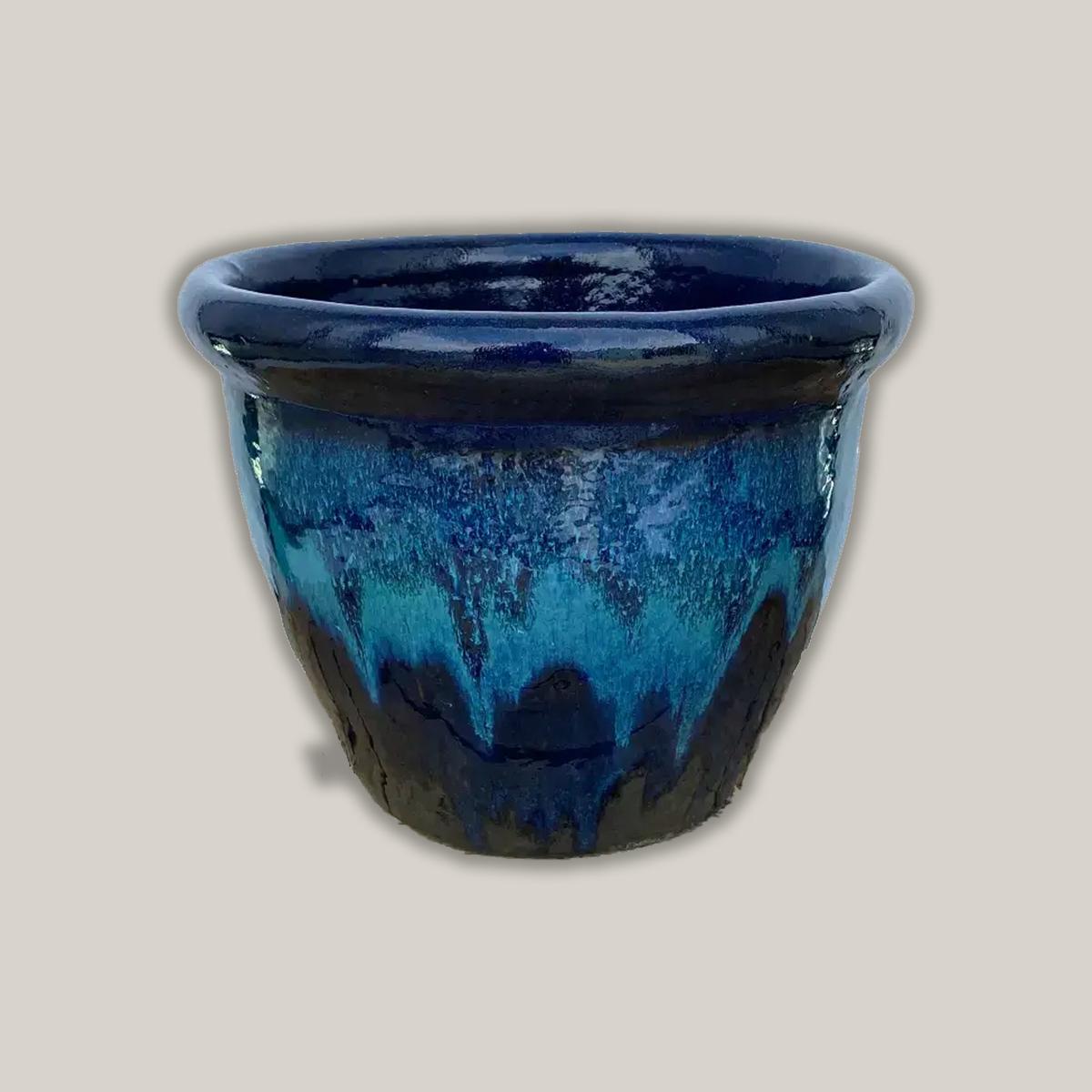 8071N68 - Blue/Marble Green/Shiny Black Low Cana Pot - 12" x 12" x 10" | Blue/Marble Green/Shiny Black | Ceramic