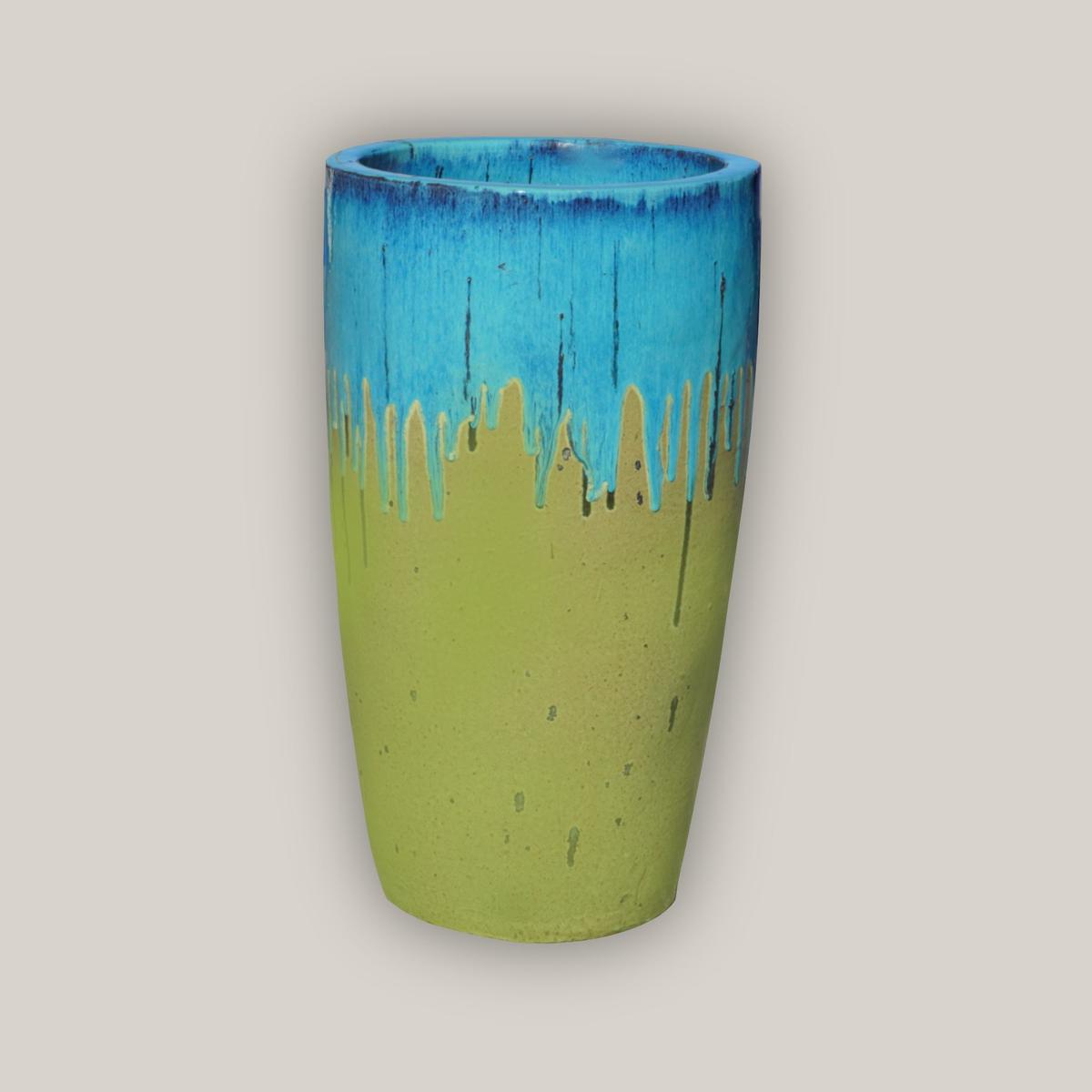 8464S14 - Marble Green/Apple Green Slim Round Ceramic Planter - 15" x 15" x 27" | Marble Green/Apple Green