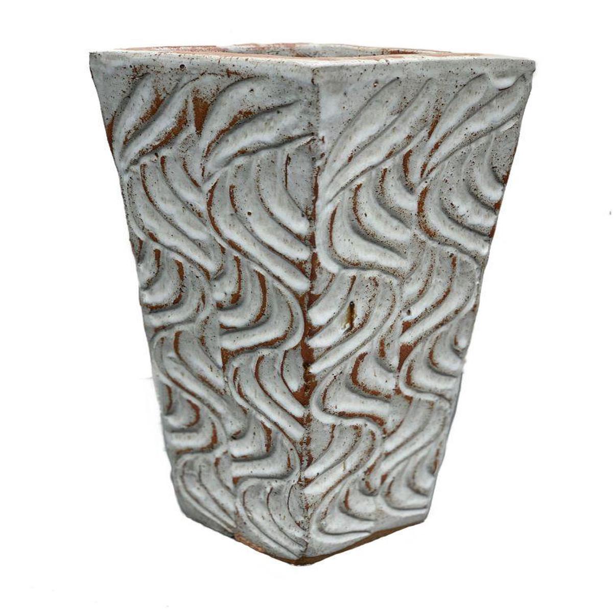 9068P73 - Tuscany White Wavy Line Square Pot - 11" x 11" x 22"