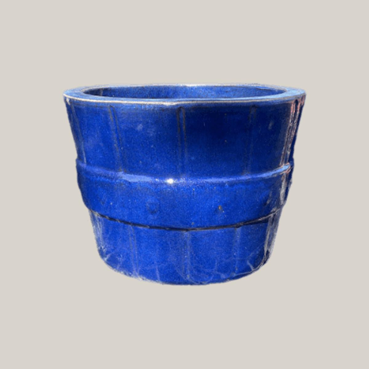 8457N70 - Antique Blue Ceramic Barrel Planter - 21" x 21" x 15" / Antique Blue