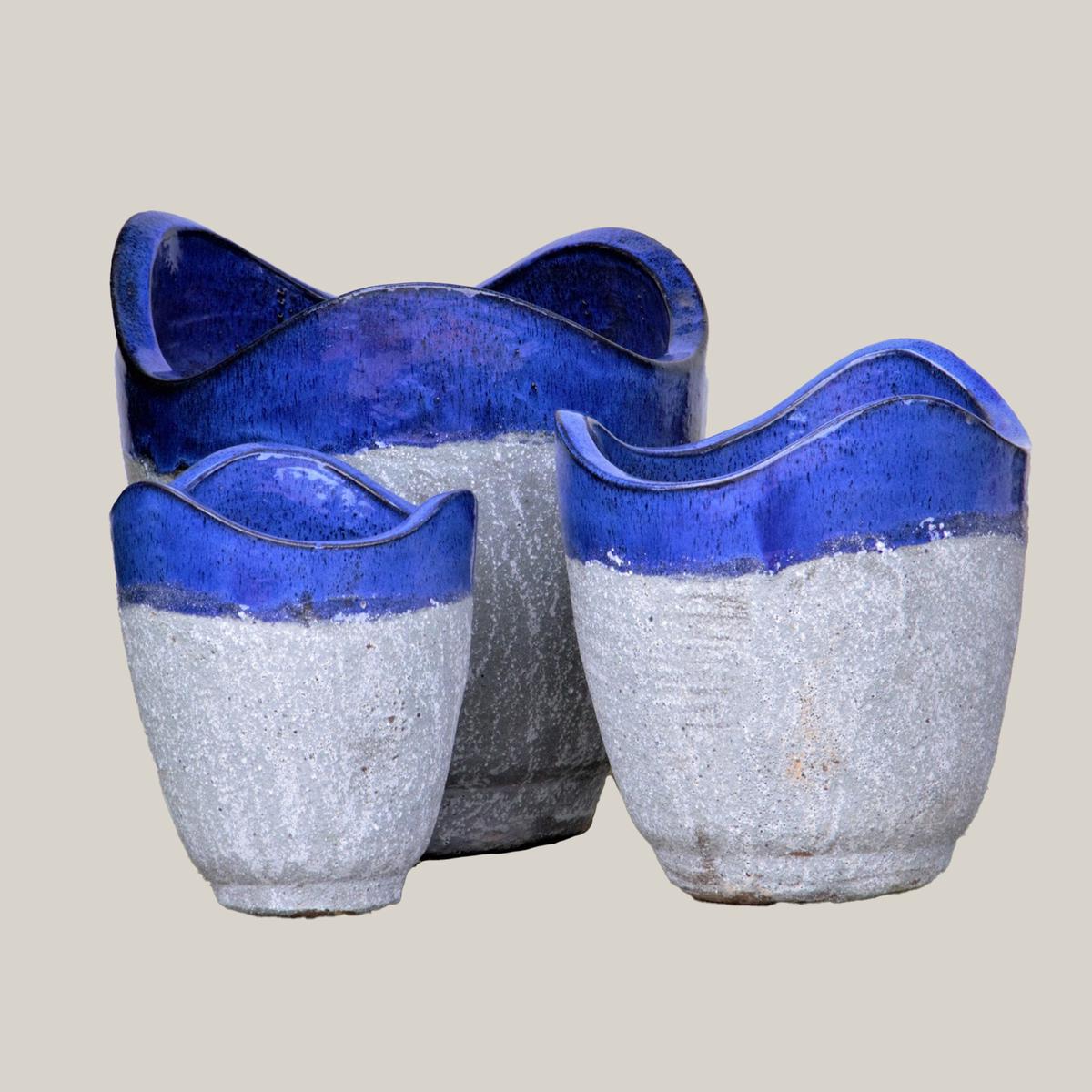 Blue/Sandstone Wavy Rim Ceramic Planter - 13" x 13" x 17"/ Blue/Sandstone